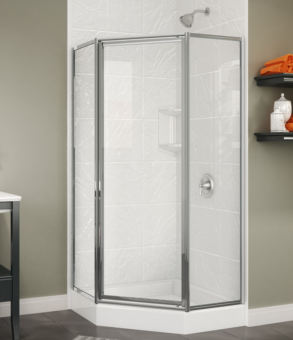 corner shower with glass door and walls