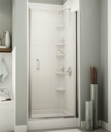 renovated shower: glass door with chrome frame