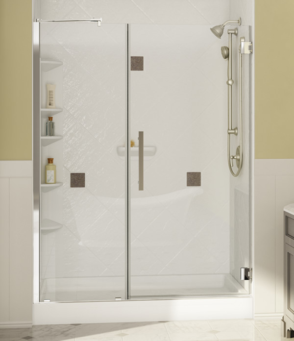 conversion de bain en douche avec porte pivotante en verre et mur verona
